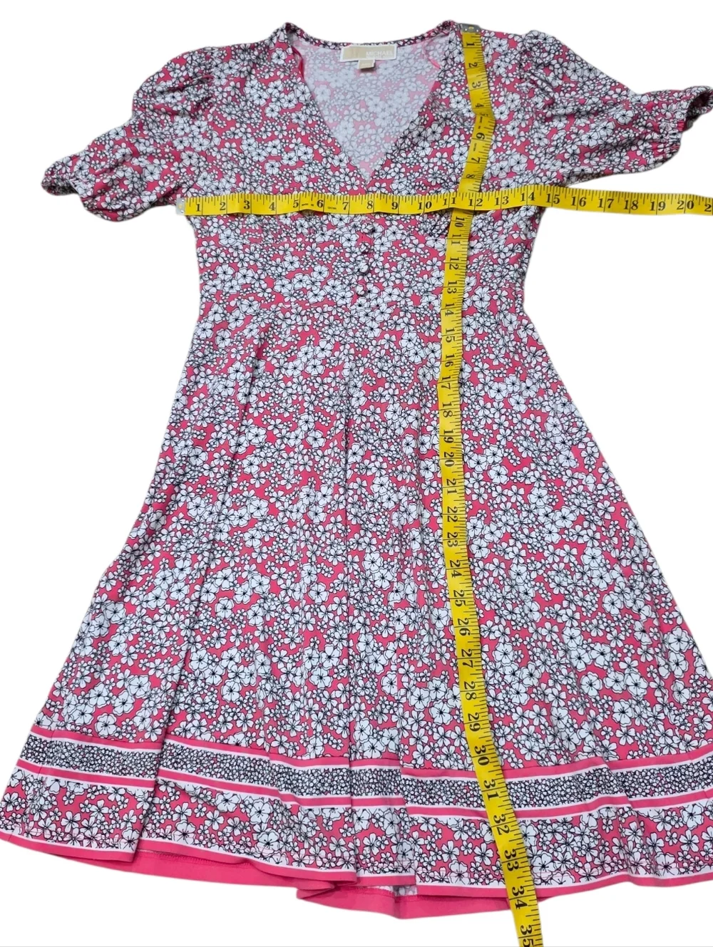 Michael Kors Floral Dress Pink White V Neck Puff Sleeve Fit Flare XXS - Picture 4 of 6